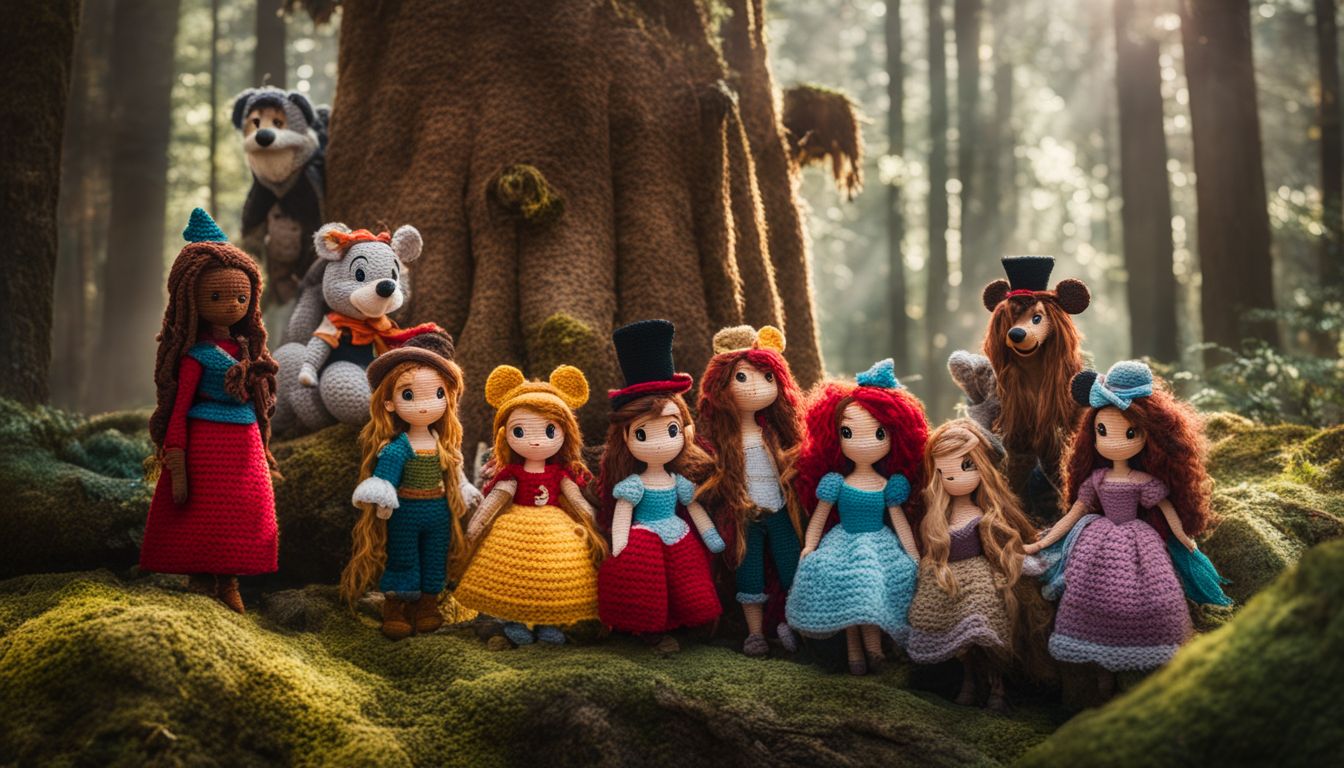 Des personnages Disney crochetés dans une forêt de conte de fées.