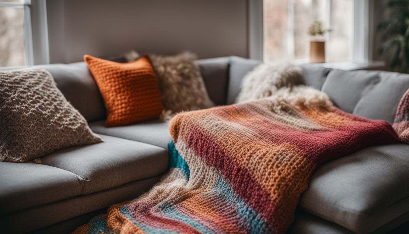 Une photo rapprochée de tissus tricotés et crochetés dans un salon confortable.